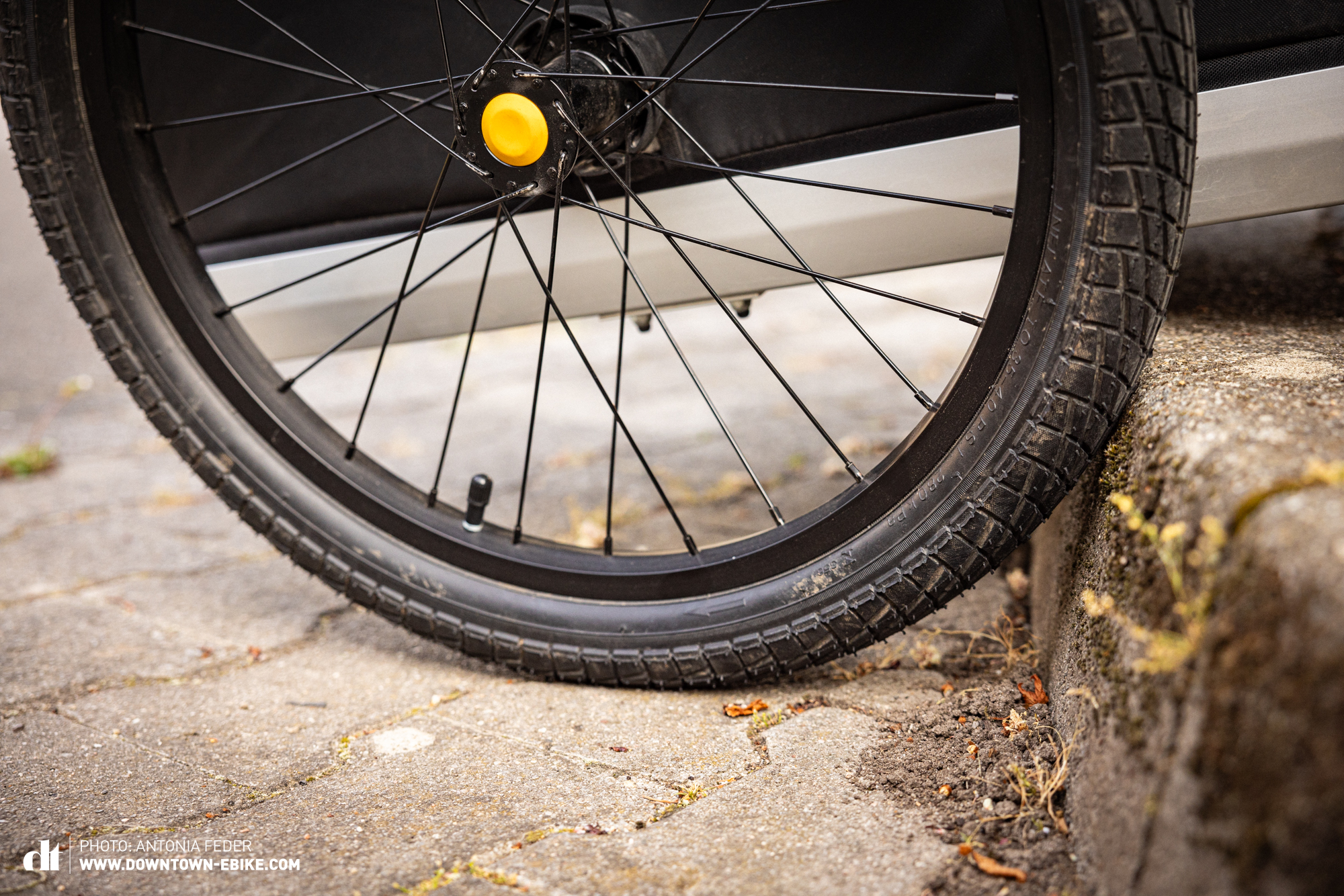 Hier sieht man einen Reifen der an einem Bordstein aufprallt. Bordsteine kommen im Alltag von Fahrrad-Hundeanhänger häufig vor und müssen problemlos gemeistert werden. 